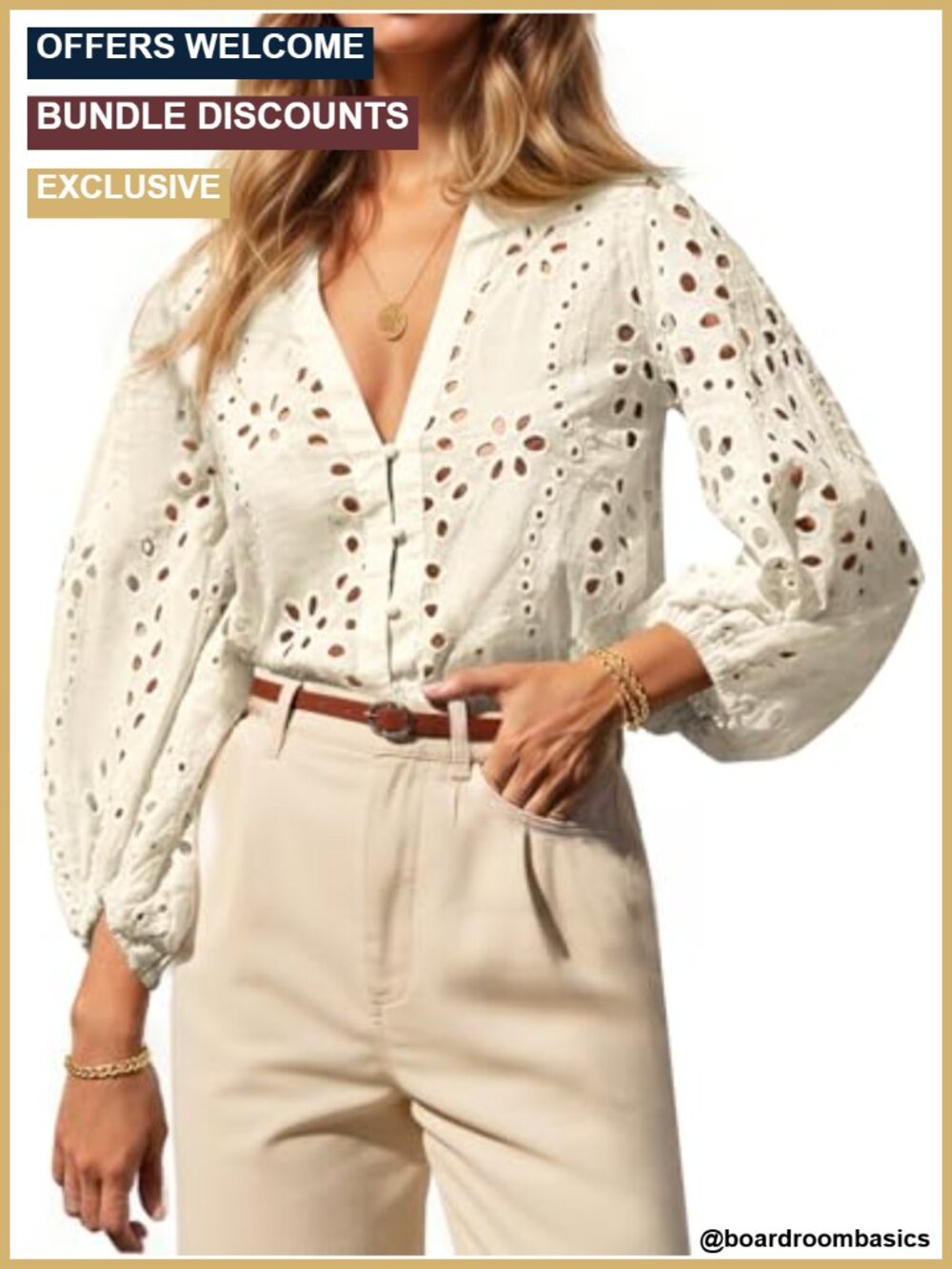 100% Cotton Eyelet Deep V Neck Balloon Sleeve Button Blouse
